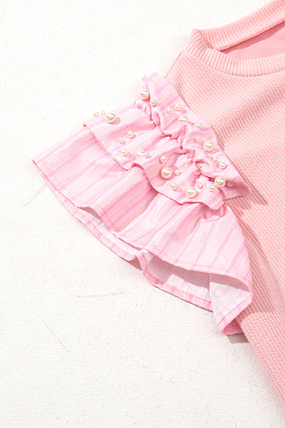 Light Pink Pearl Beaded Ruffle Short Sleeve Patchwork Ribbed Blouse