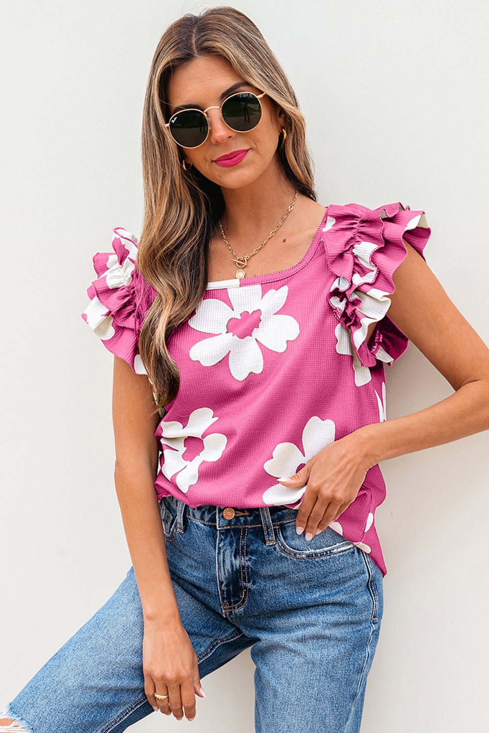 Pink Floral Textured Ruffled Short Sleeve Square Neck Blouse
