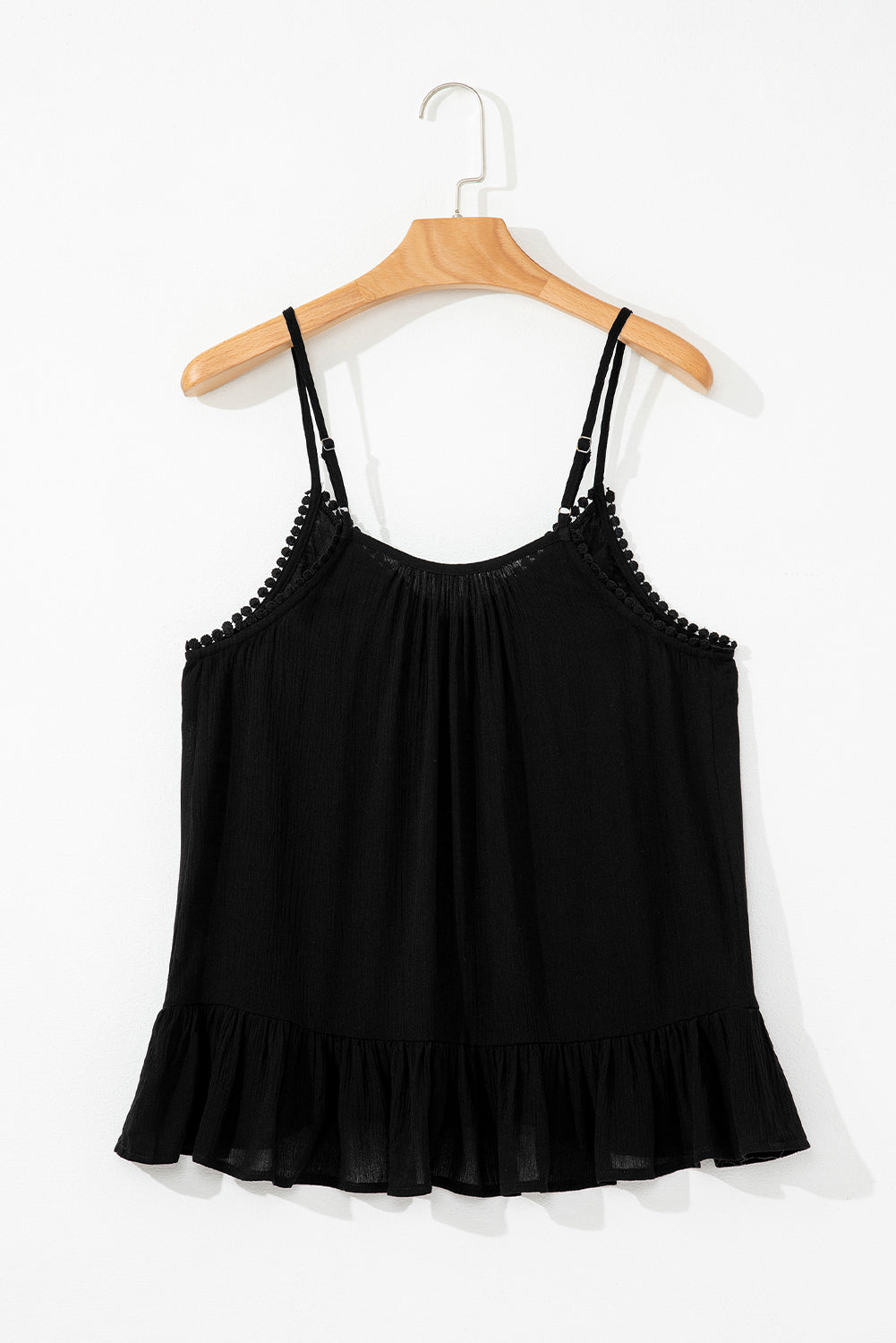 Black Floral Embroidery Ruffled Spaghetti Straps Tank Top
