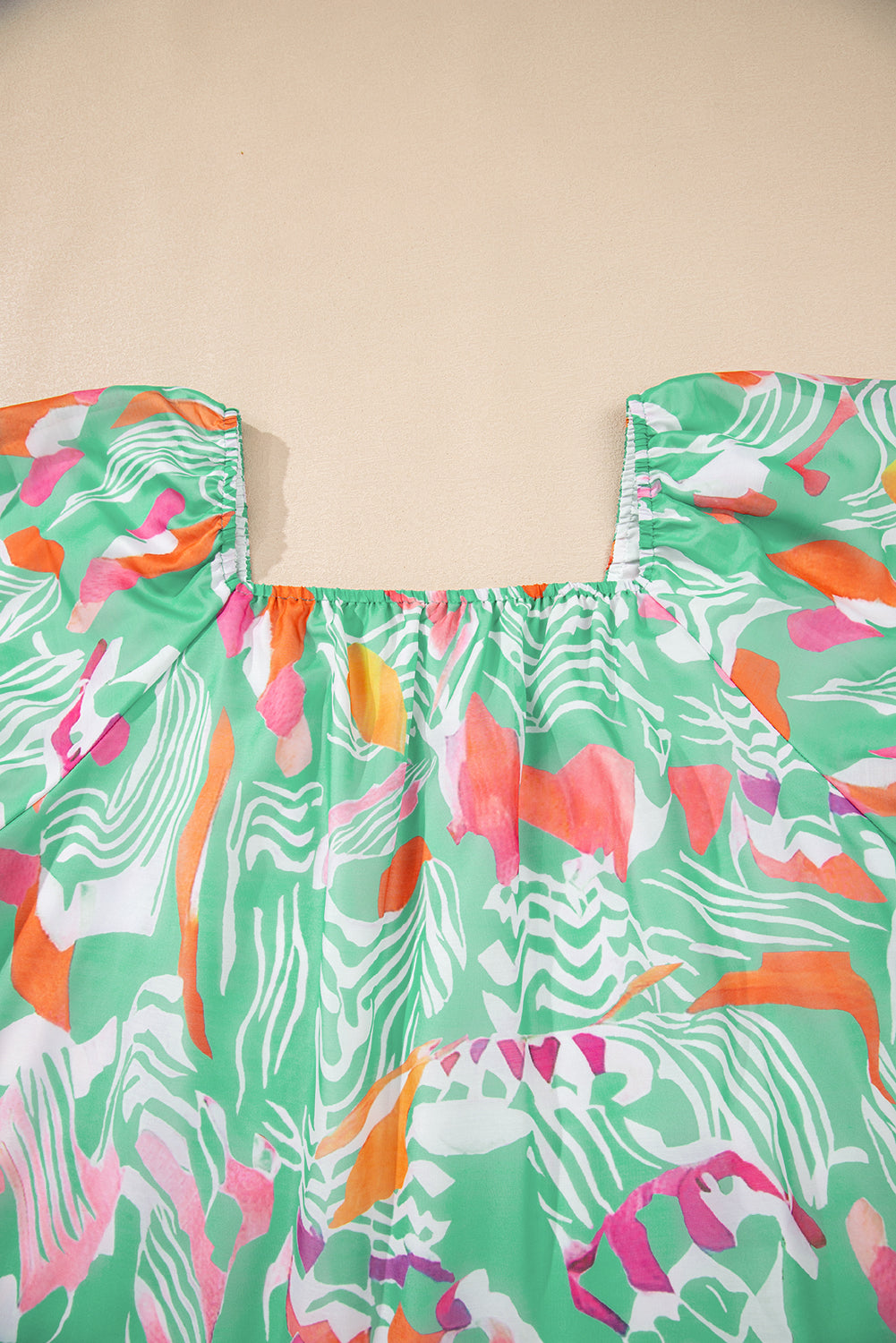 Green Tropical Boho Print Puff Sleeve Square Neck Loose Plus Blouse