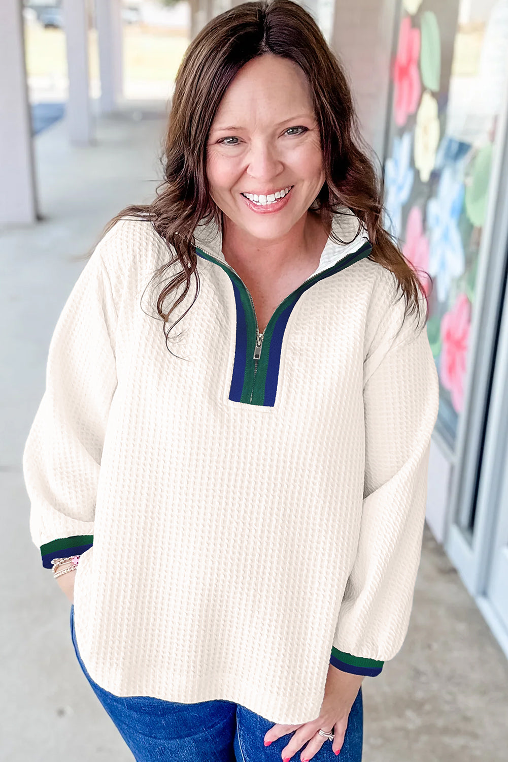 White Waffle Textured Contrast Polo Neck Zip up Jumper