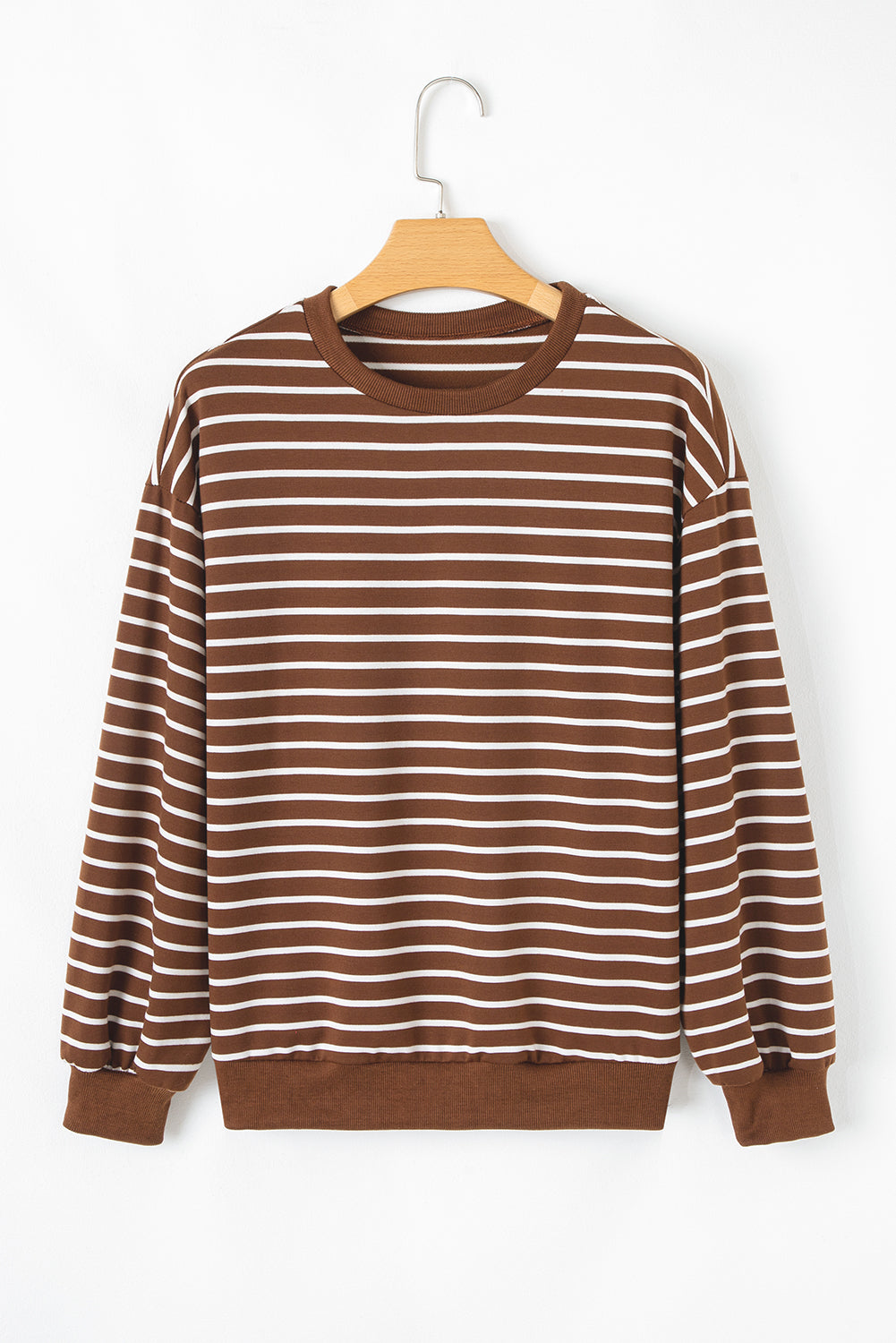 Coffee Striped Long Sleeve Round Neck Loose Top
