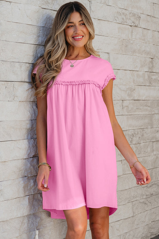 Pink Frilled Trim Crew Neck Loose Fit Mini Dress