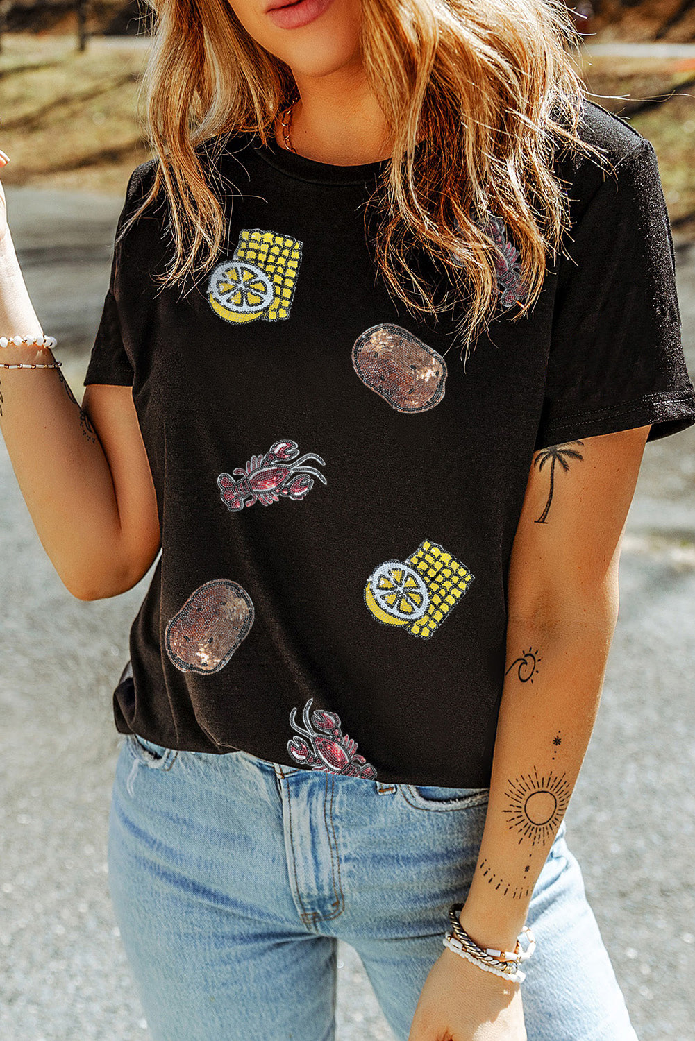 Black Sequin Crawfish Potato Lemon Corn Graphic Crewneck T Shirt