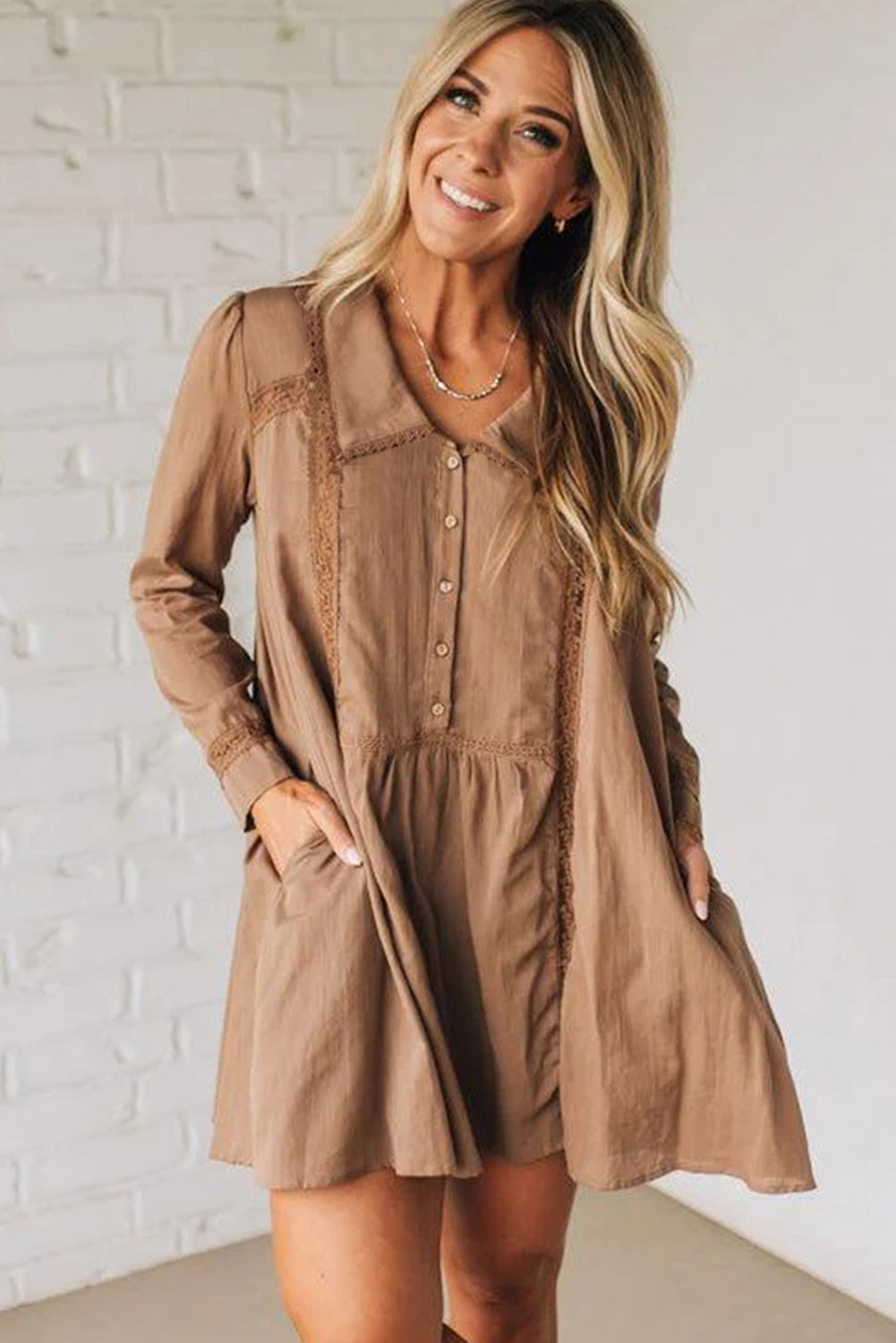 Straw Yellow Lace Trim Peter Pan Collar Long Sleeve Mini Shirt Dress