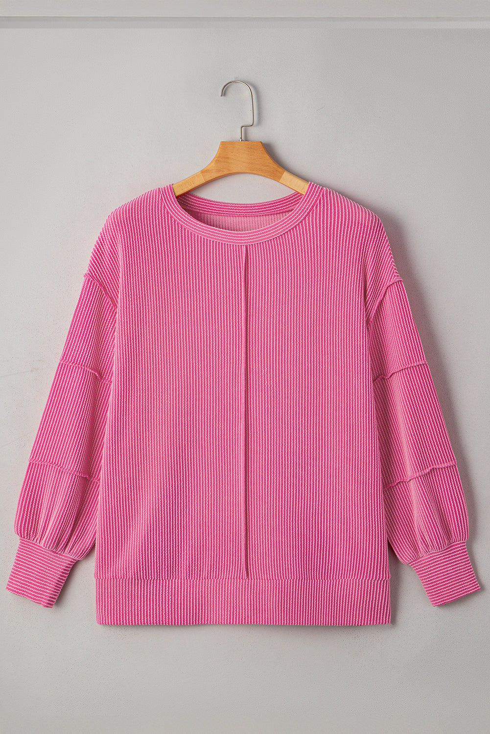 Bonbon Spiral Ribbed Exposed Seam Detail Plus Size Long Sleeve Top