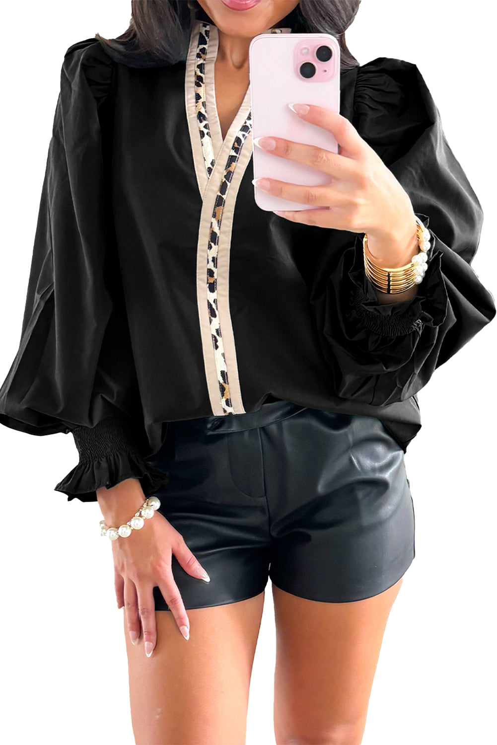 Black Puffy Flounce Sleeve Leopard Trim V Neck Blouse