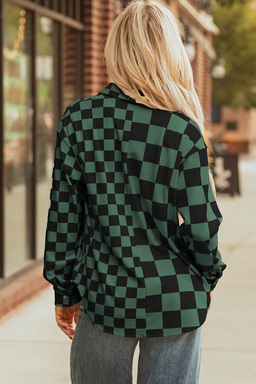 Green Checkerboard Flap Pocket Button Front Shacket