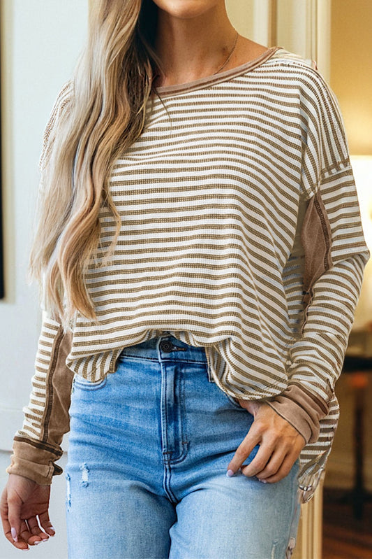 Khaki Stripe Thermal Knit Drop Shoulder Casual Top