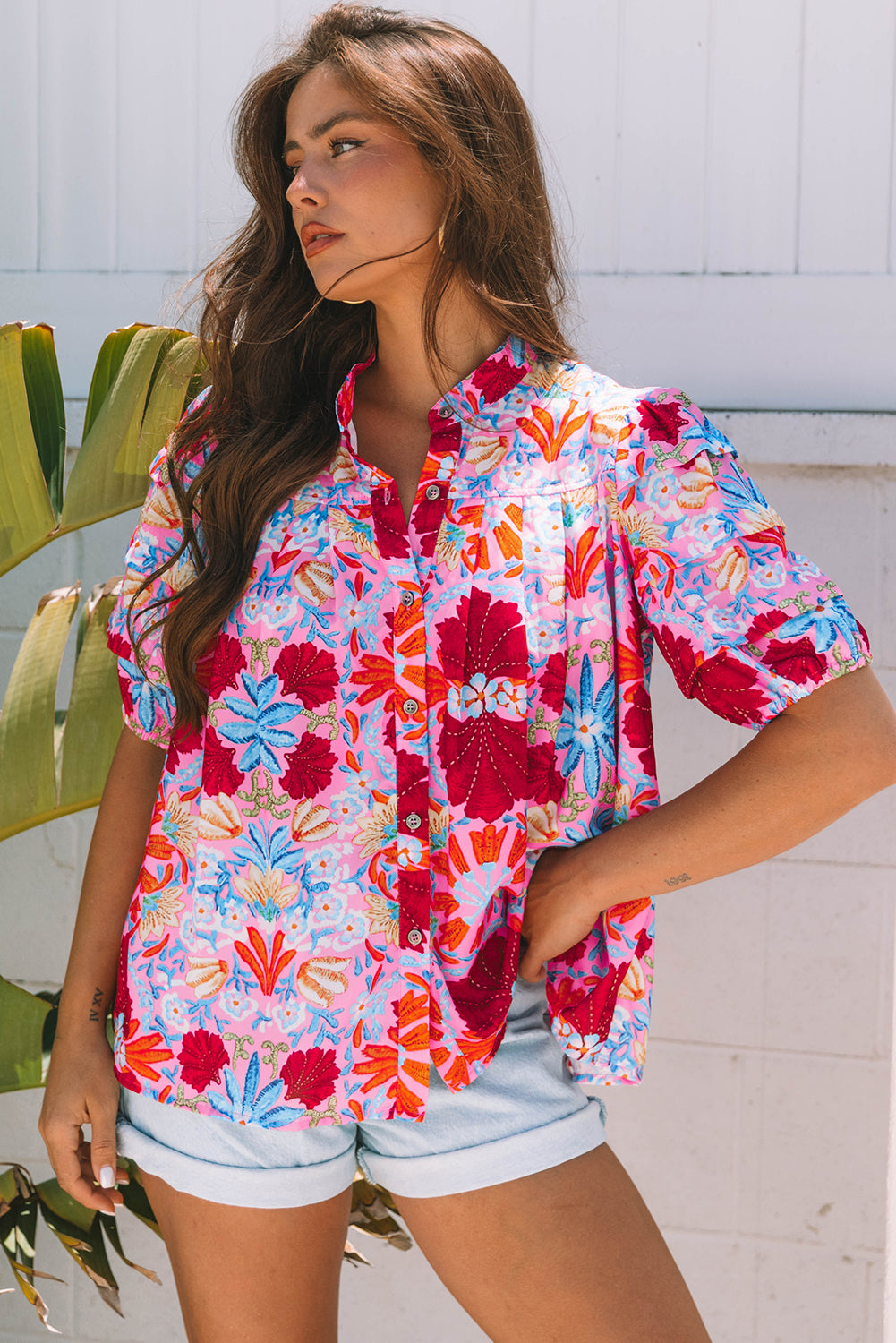 Pink Floral Print Bubble Sleeve Button Up Pleated Shirt