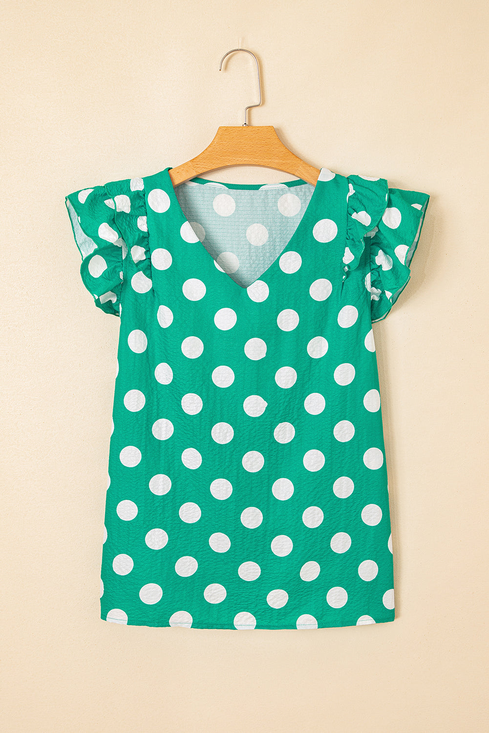 Green Polka Dot Print Ruffled Sleeve V Neck Blouse