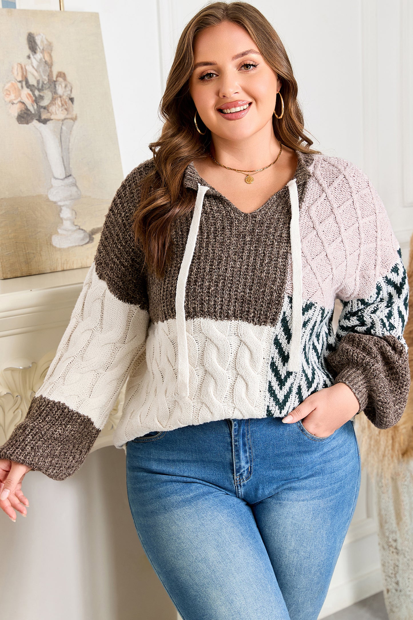 Brown Plus Size Color Block Patchwork Knotted Back Loose Fit Sweater