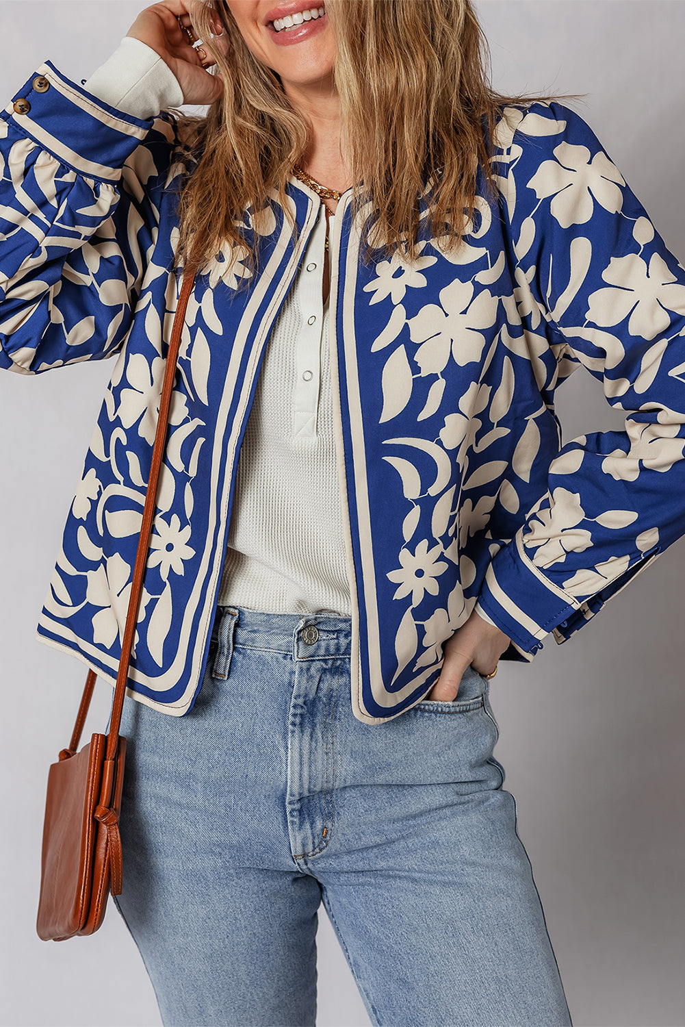 Blue Flower Print Open Front Buttoned Cuffs Elegant Jacket