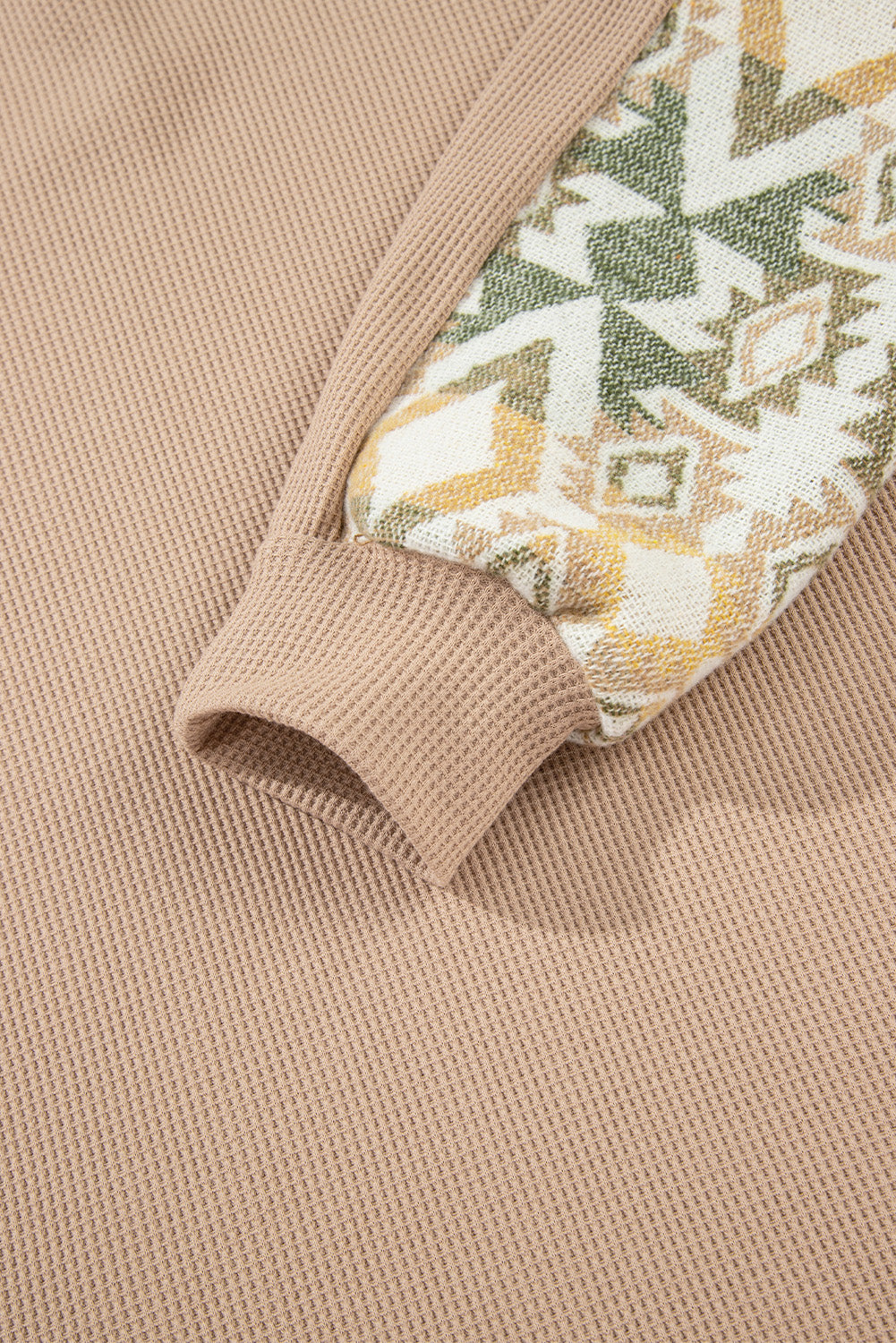 Smoke Gray Waffle Aztec Patchwork Raglan Sleeve Knit Top