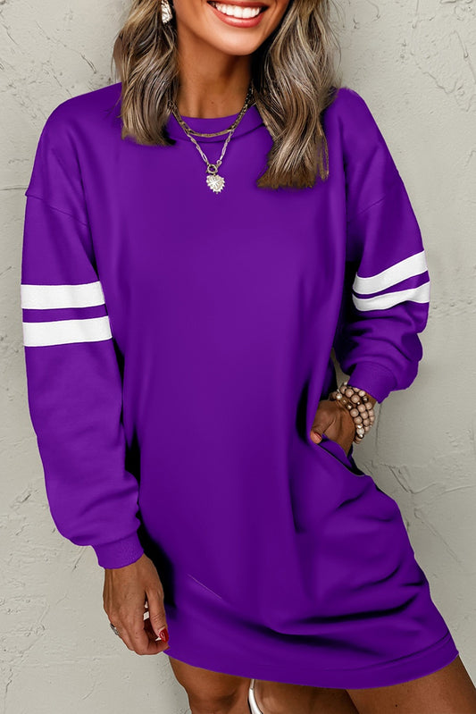 Tillandsia Purple Varsity Contrast Banded Sleeve Shift Sweatshirt Dress