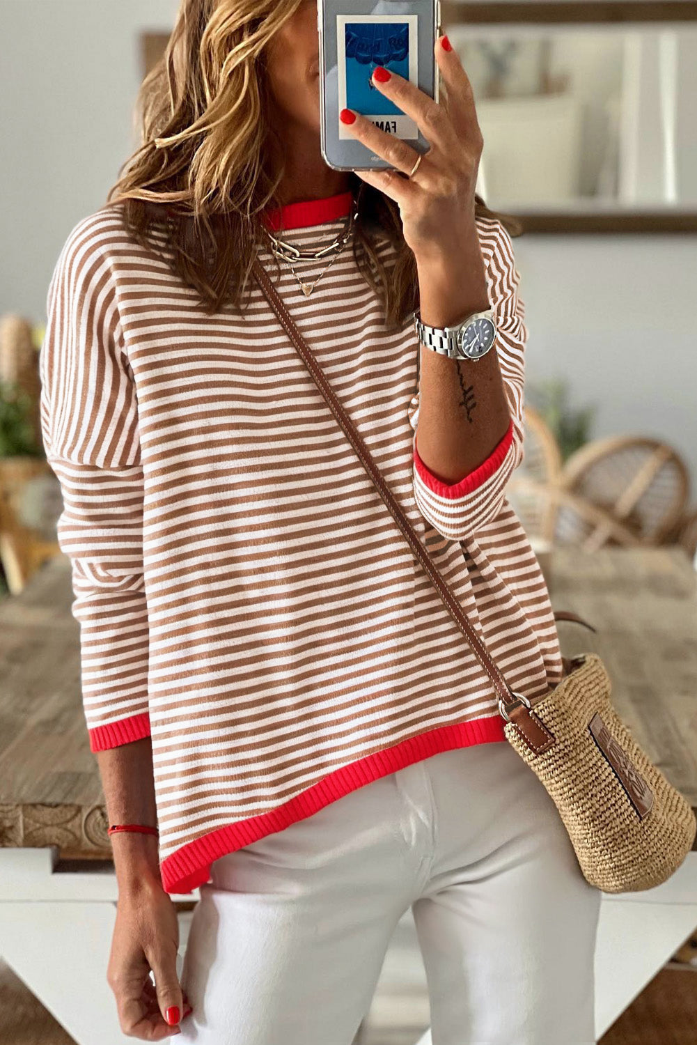 Brown Striped Contrast Trimmed Drop Shoulder Sweater