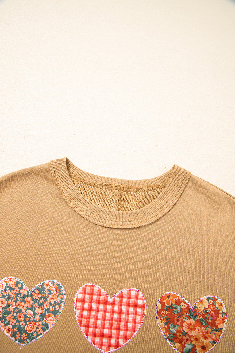 Straw Yellow Plaid Floral Heart Stitched Exposed Seam Mineral Wash Sweatshirt