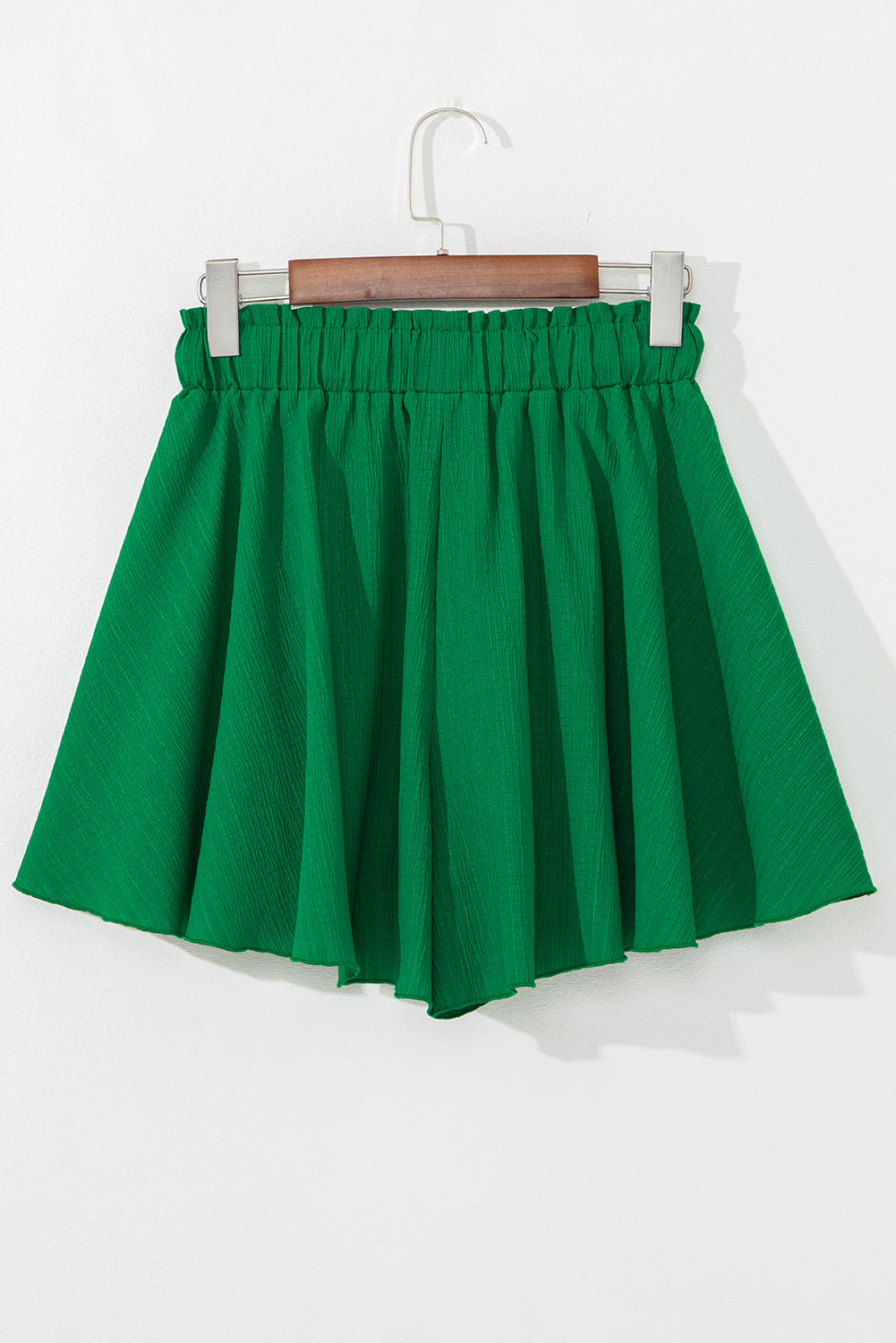 Dark Green Textured Frilled Lace-up Elastic Waistband Ruffle Wide Leg Shorts