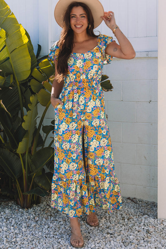 Yellow Floral Allover Print Shirred Cut Out High Waist Jumpsuit
