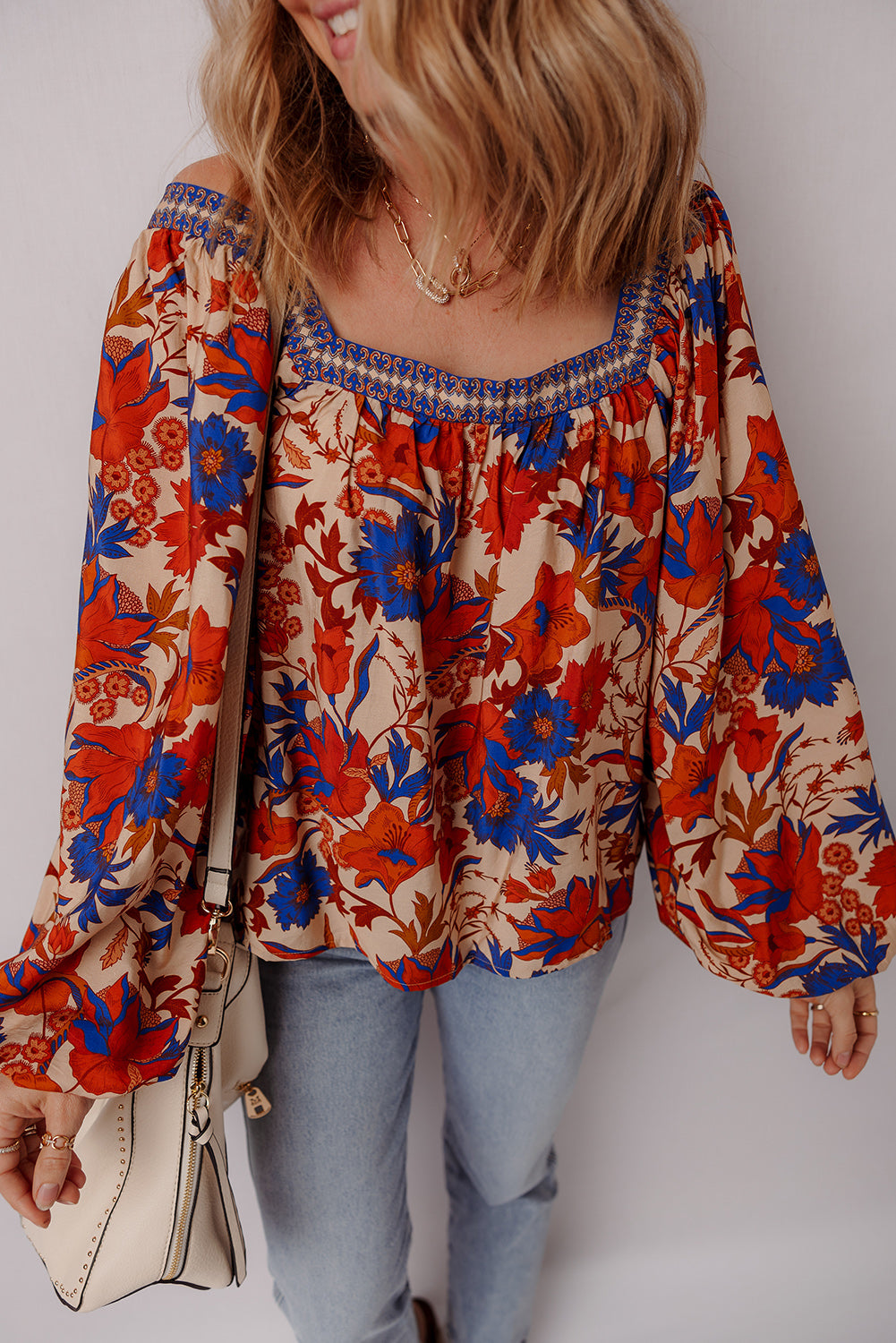 Multicolour Floral Print Square Neck Backless Loose Fit Blouse
