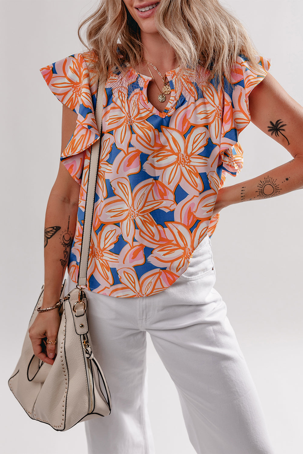 Orange Summer Flower Print Notched Neck Ruffle Sleeve Blouse