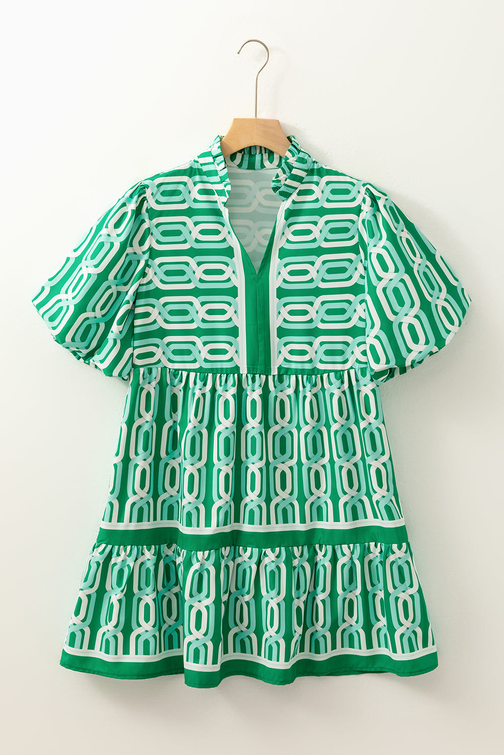 Bright Green Abstract Patterned V Neck Puff Short Sleeve Mini Dress
