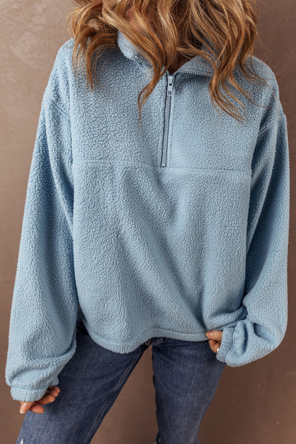 Myosotis Collared Zipper Drop Shoulder Fleece Sweatshirt