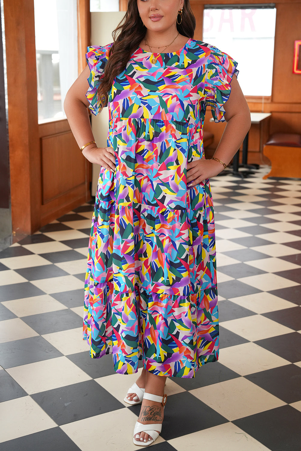 Blue Geometric Print Ruffled Short Sleeve Plus Size Tiered Maxi Dress