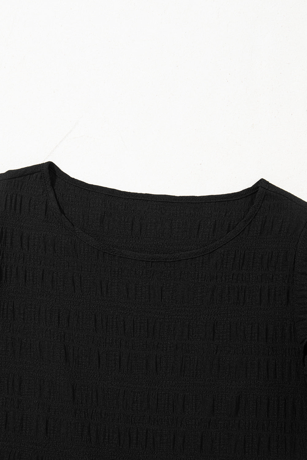 Black Textured Ruffled Sleeve Round Neck Top