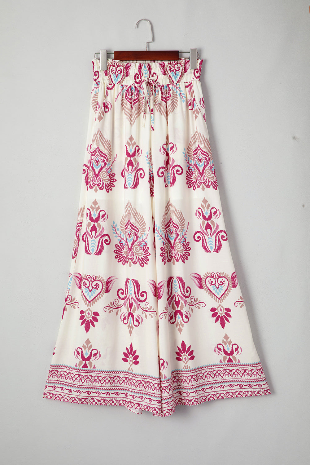 Rose Boho Printed Shirred High Waist Flowy Wide Leg Pants