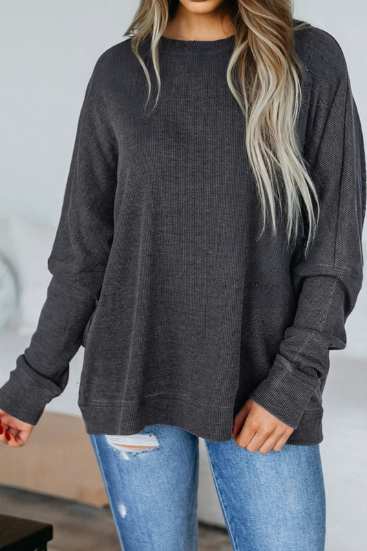 Dark Grey Waffle Knit Patchwork Long Sleeve Loose Top