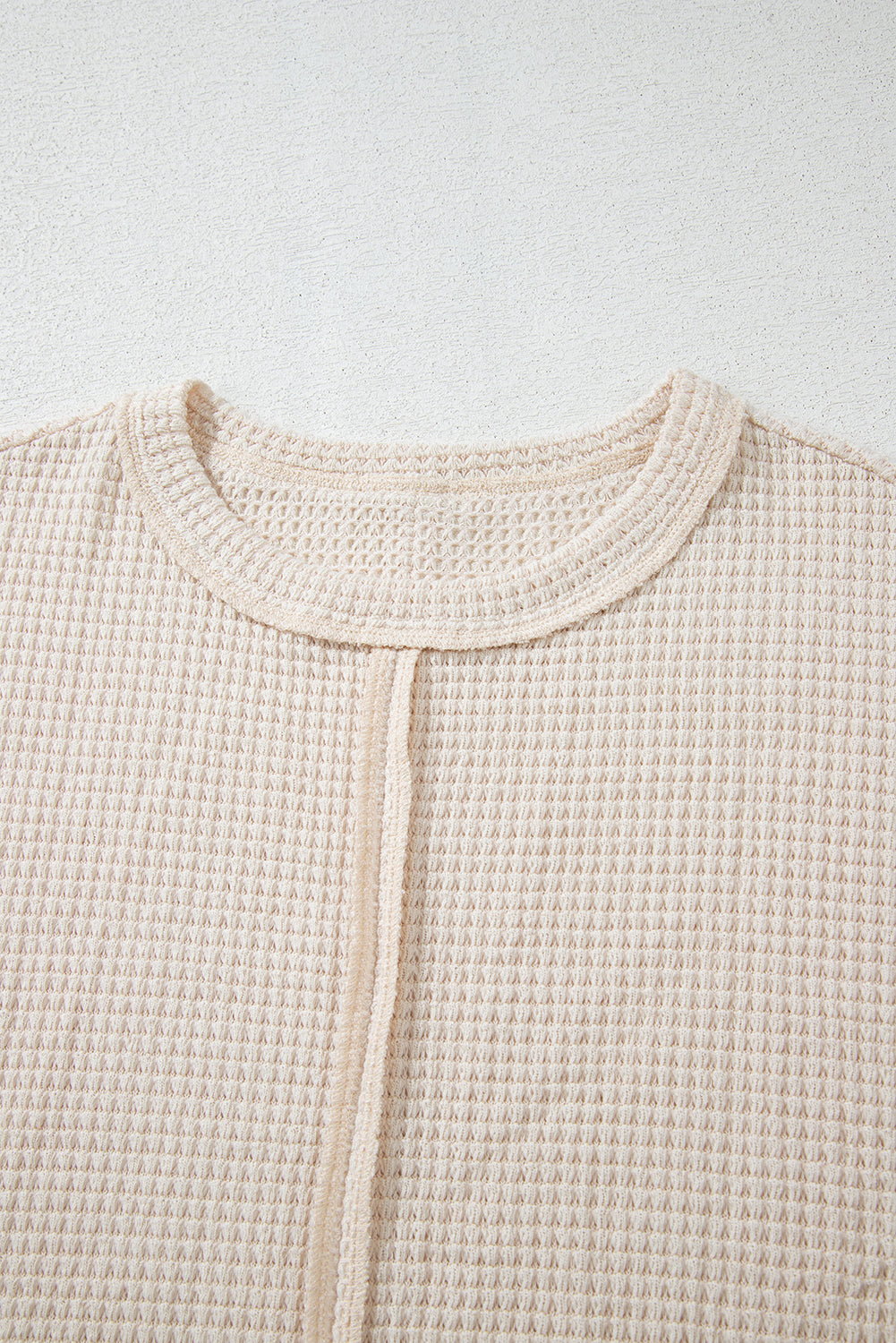 Pale Khaki Solid Color Textured Seamed Short Sleeve Top