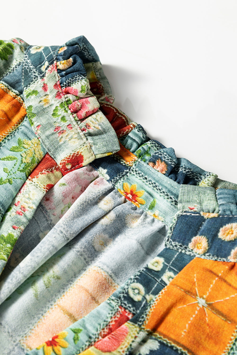 Sky Blue Fall Floral Half Placket Collared V Neck Blouse