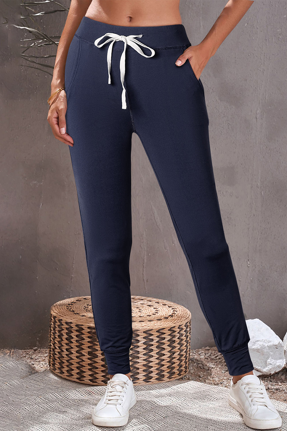 Navy Blue Drawstring Elastic Waistband Pocketed Joggers