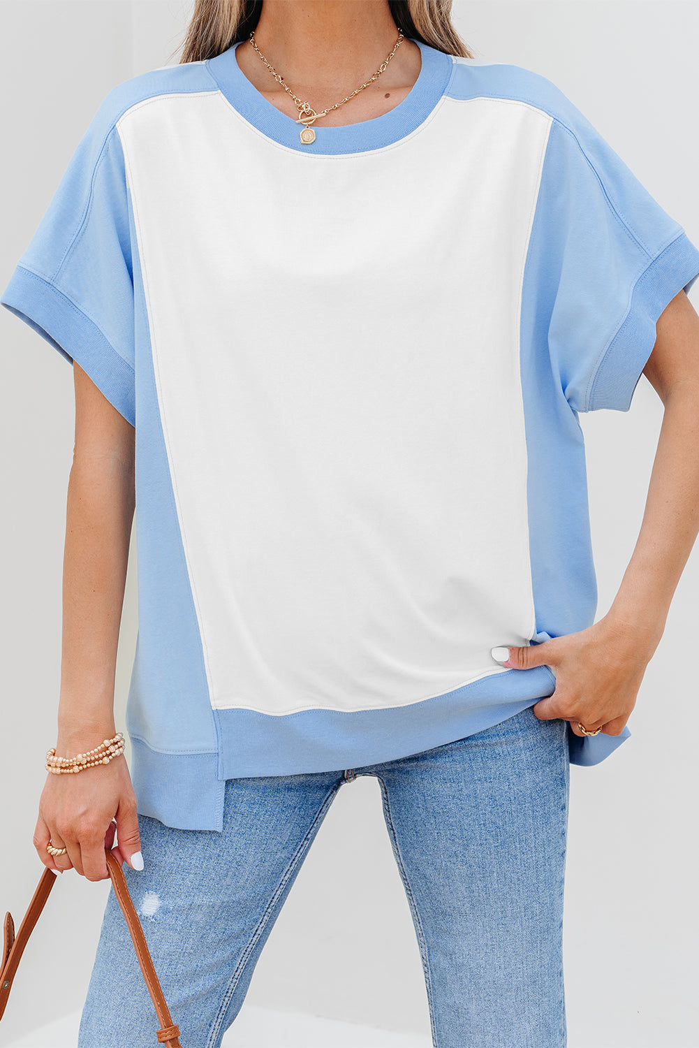 Sky Blue Color Block Exposed Seam Crew Neck T Shirt