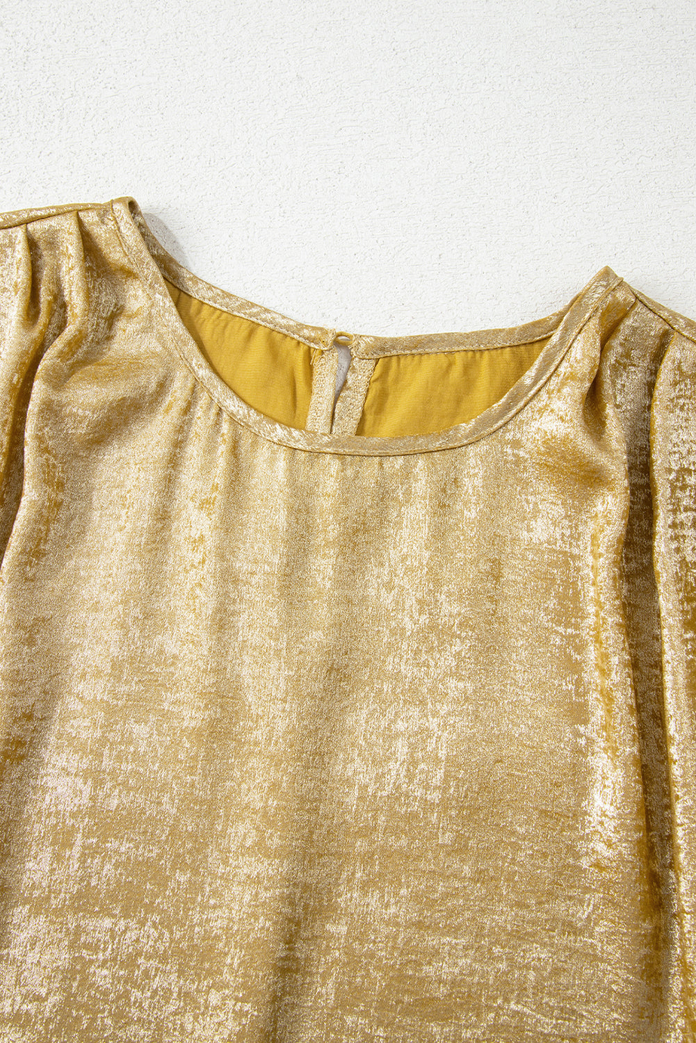 Gold Glossy Round Neck Pleated Detail Short Sleeve Blouse
