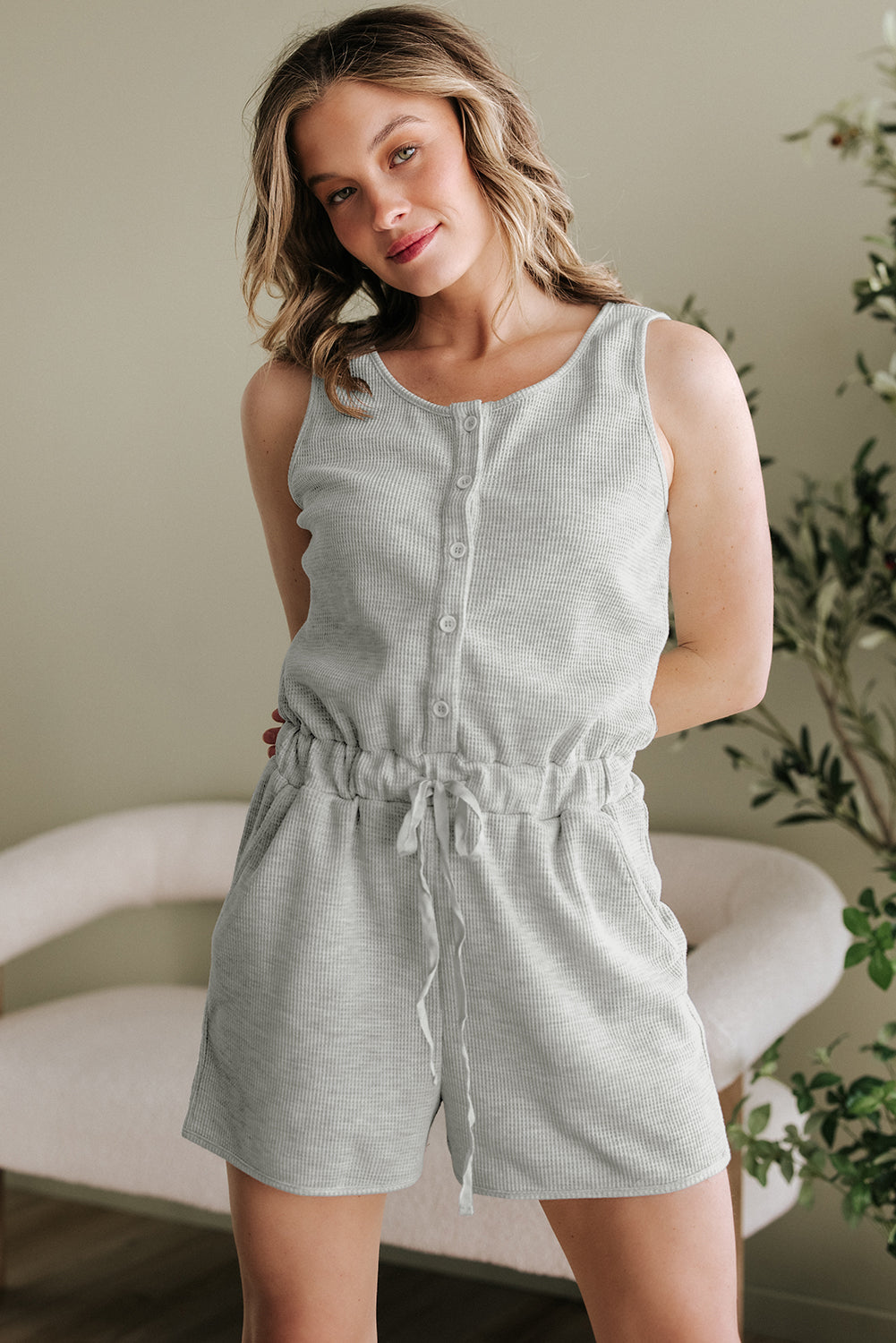 Light Grey Waffle Knit Sleeveless Buttoned Front Drawstring Elastic Waistband Romper
