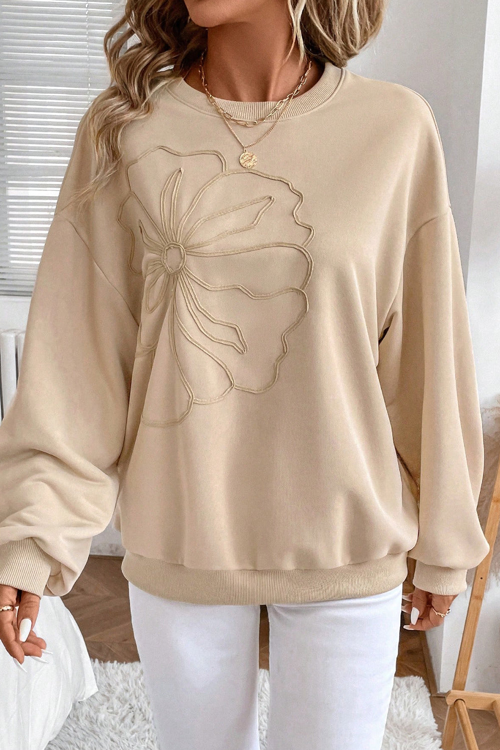 Parchment Embroidered Flower Pattern Drop Shoulder Sweatshirt