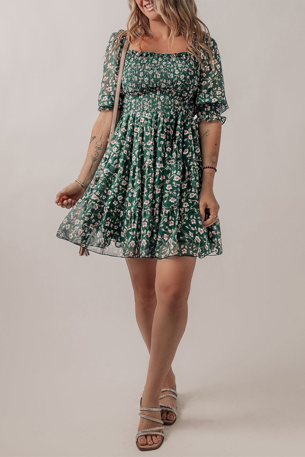 Green Smocked Square Neck Puff Short Sleeve Floral Dress