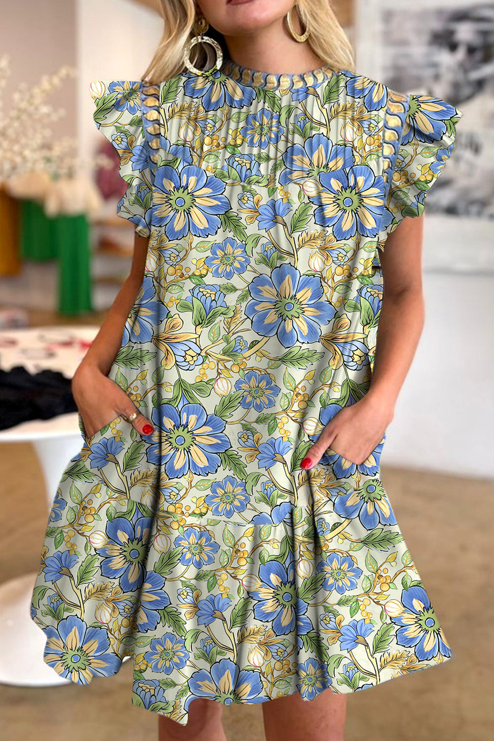 Spinach Green Botanical Floral Print Pleated Ruffle Detail Short Dress