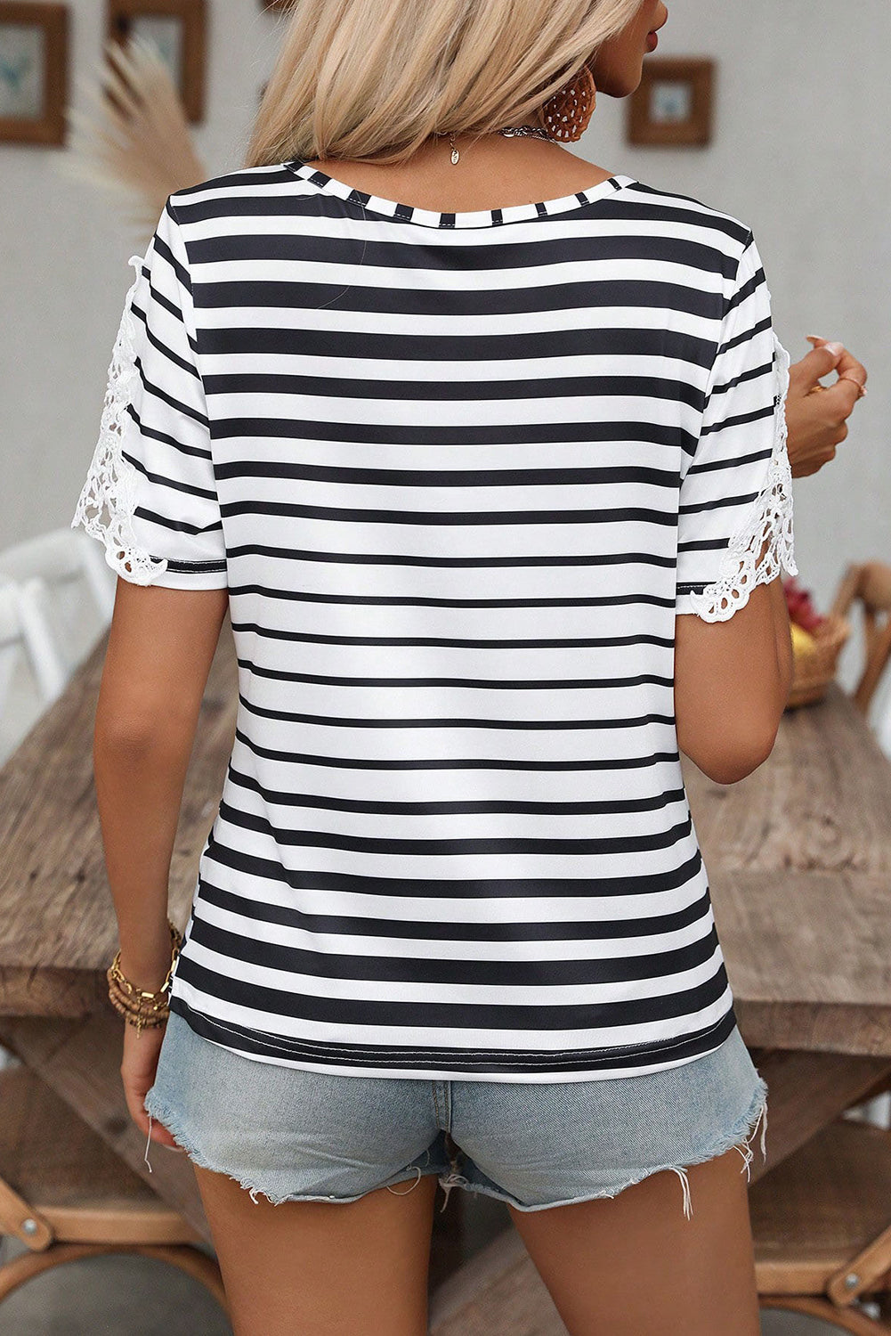 Black Stripe Cross Straps Hollowed Neck Lace Splicing Short Sleeve Blouse