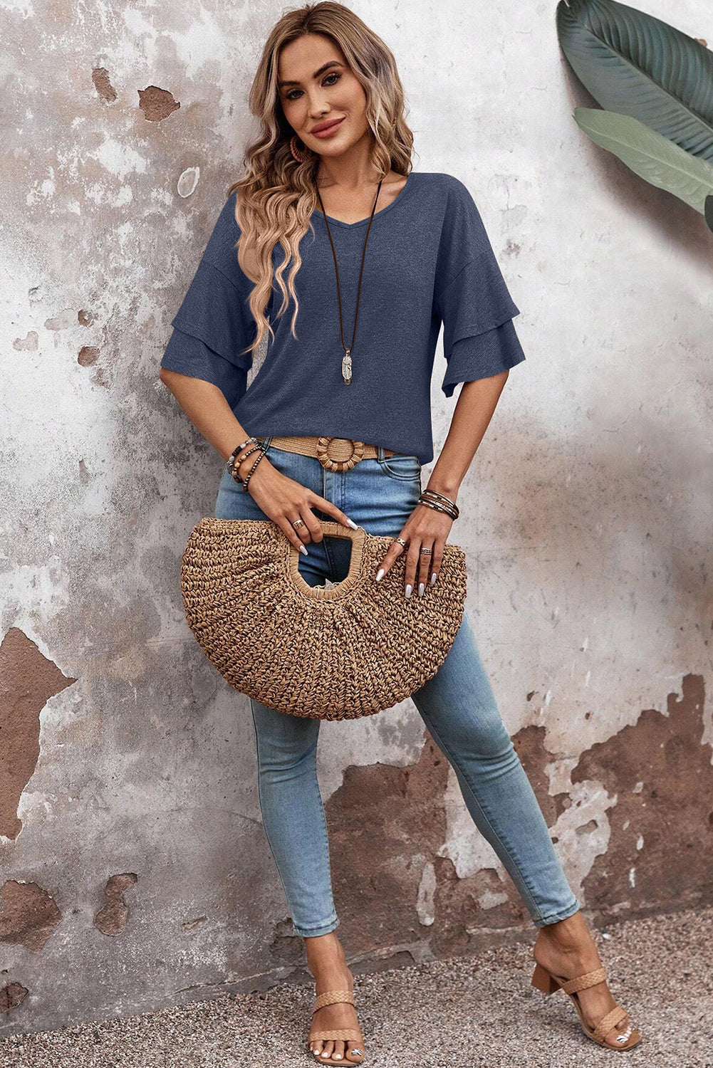 Sail Blue Solid Colour V-Neck Double Layer Sleeve Loose T-Shirt