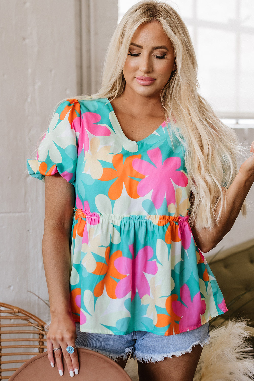 Pink Floral Print Bubble Sleeve V Neck Peplum Blouse