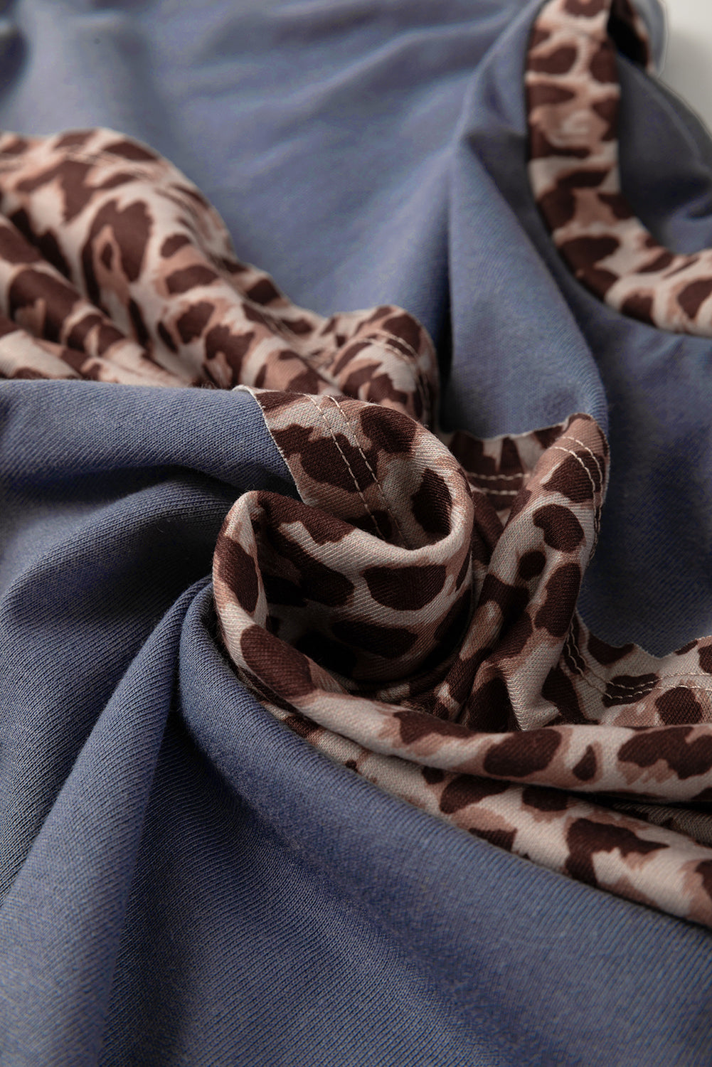 Dark Blue Leopard Colorblock Patchwork Long Sleeve Drop Shoulder Top