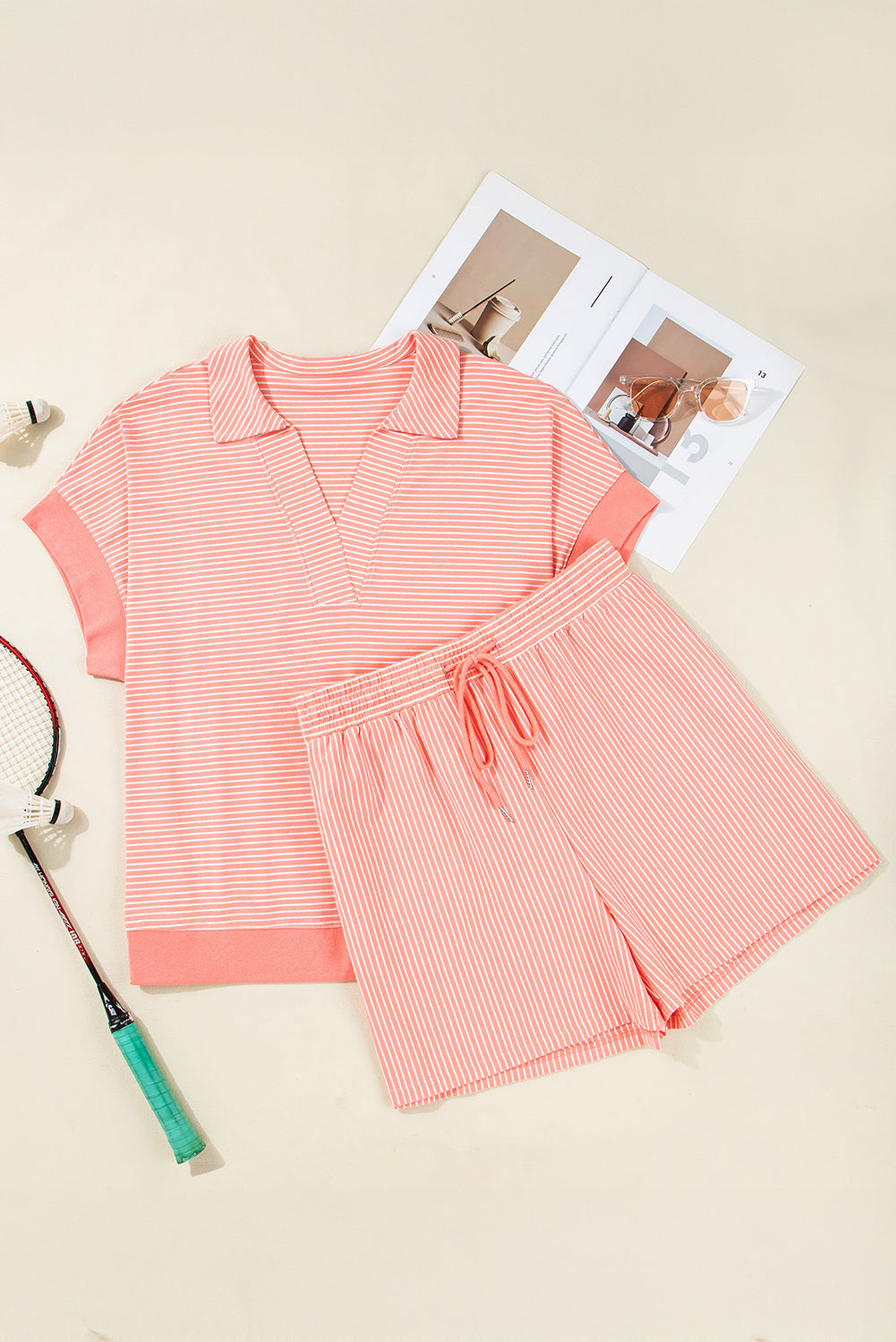 Orange Stripe Loose Polo T Shirt and Shorts Plus Size 2pcs Outfit