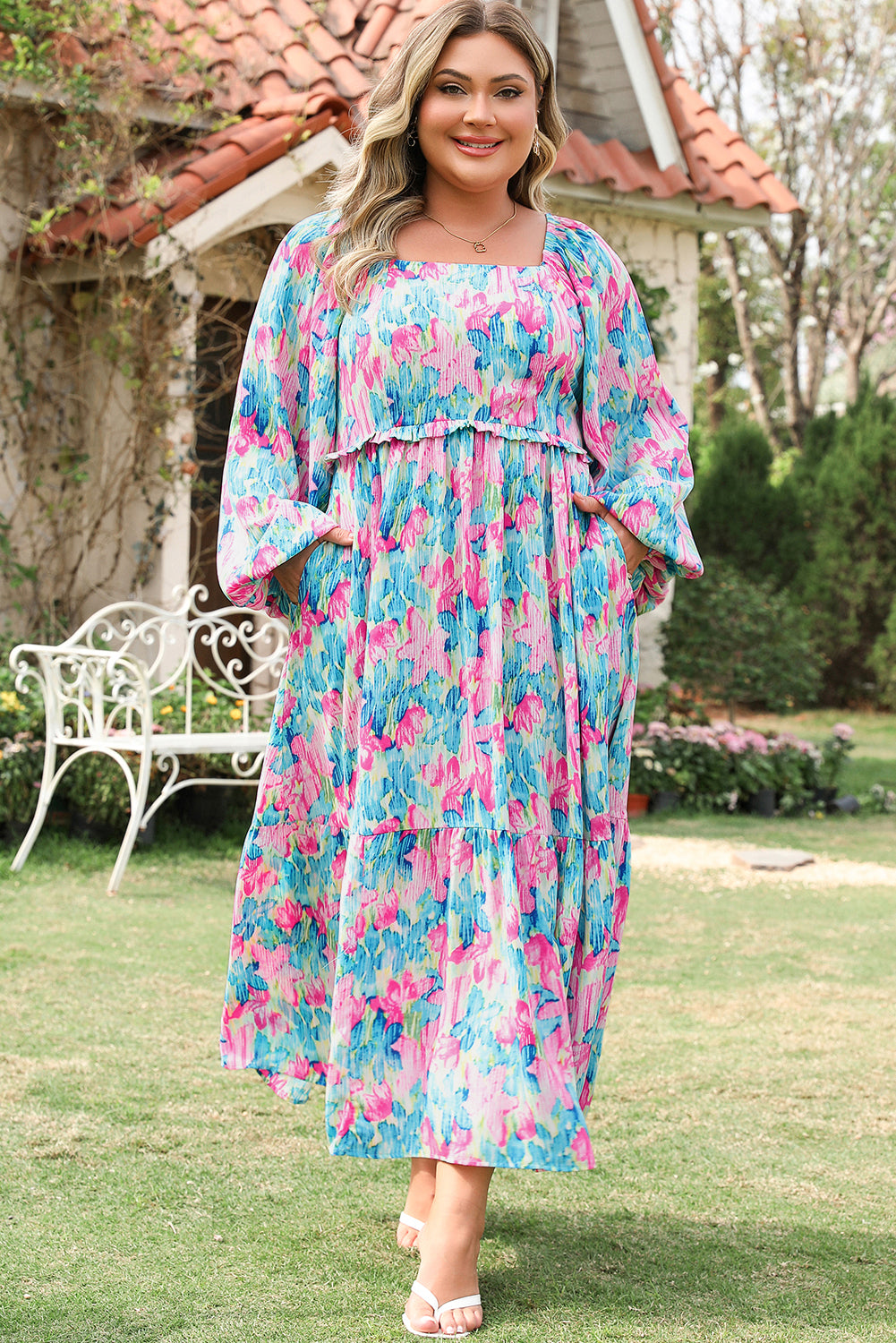 Sky Blue Floral Allover Print Shirred Square Neck Plus Size Maxi Dress