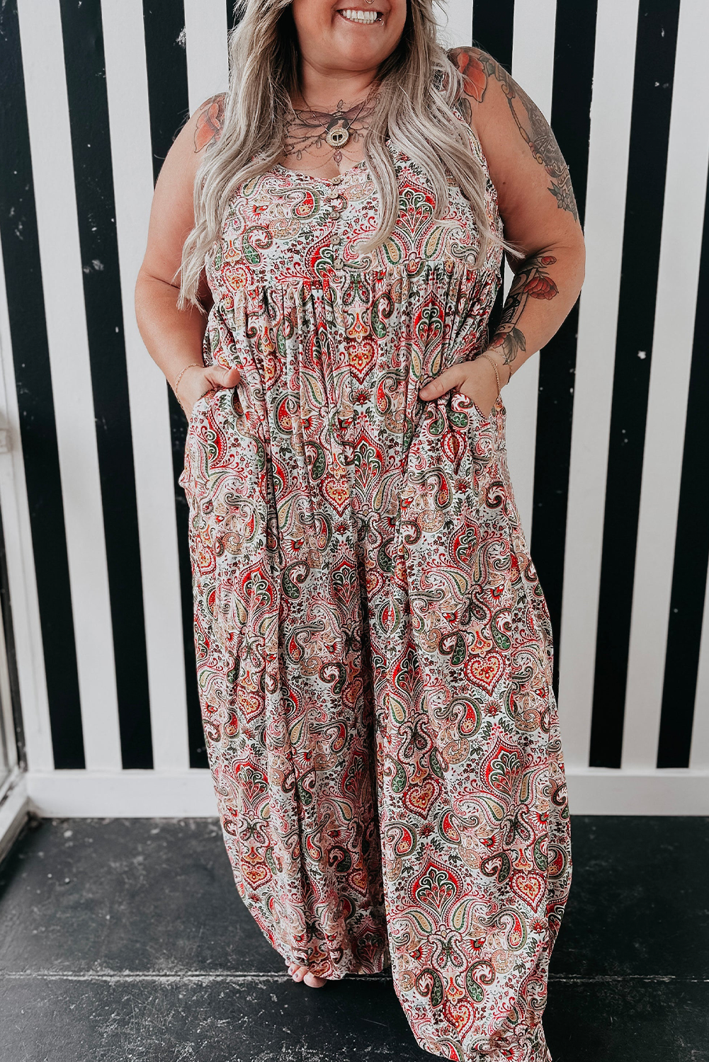 Multicolour Plus Size Paisley Print Sleeveless V Neck Jogger Jumpsuit