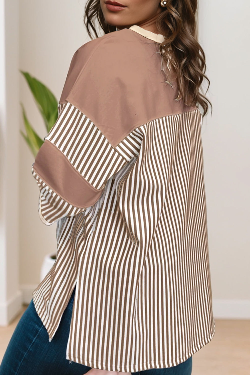 Pink Stripe Patchwork Bracelet Sleeve Plus Size T Shirt