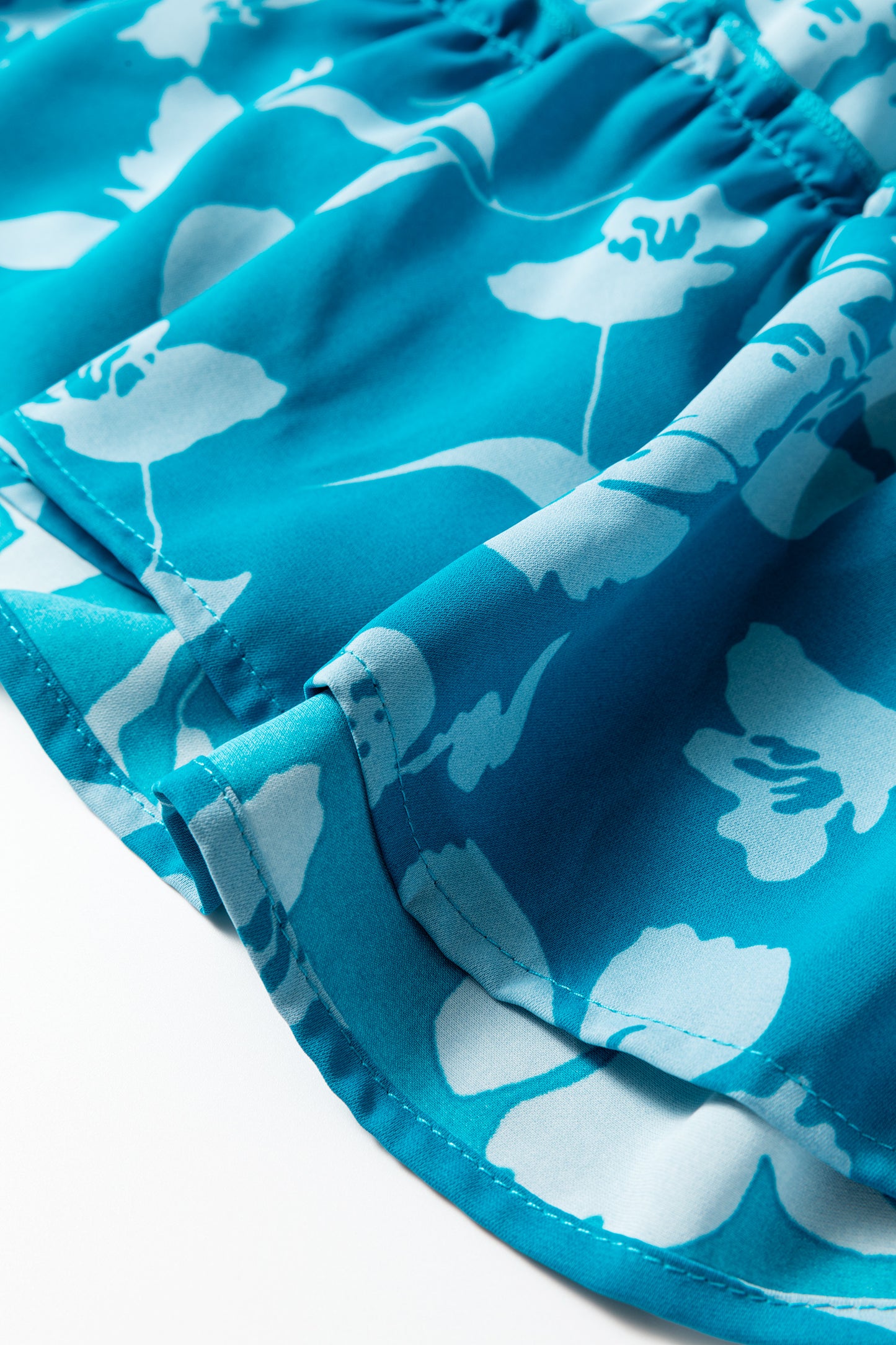 Blue Flower Half Sleeve Tiered Ruffled Mini Dress