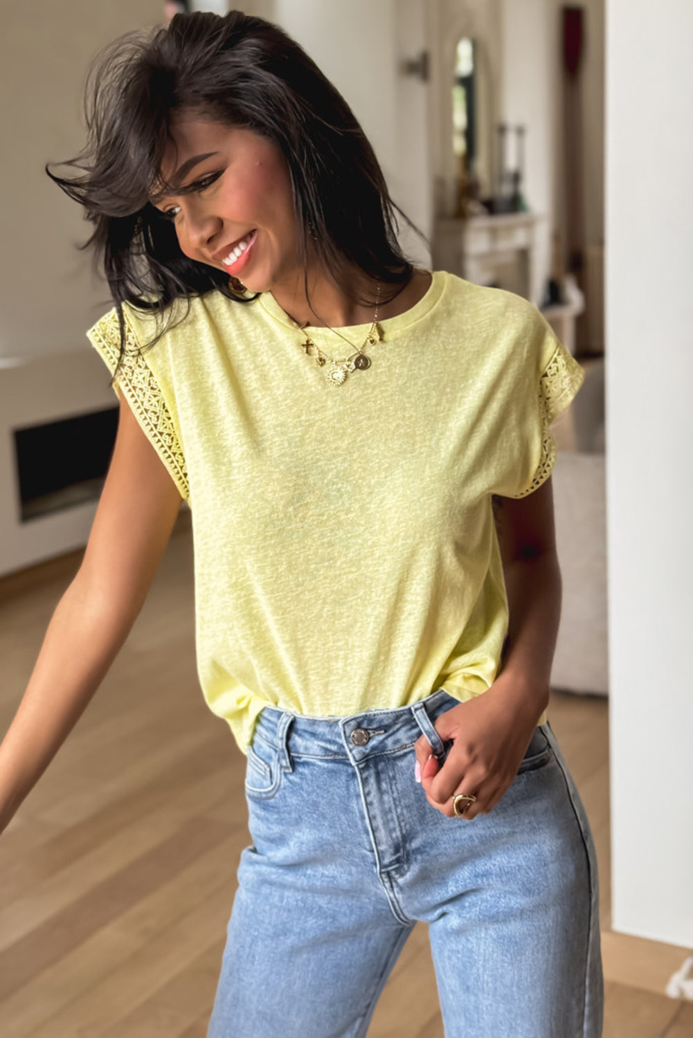 Yellow Cream Lace Patchwork Cap Sleeve Round Neck T Shirt